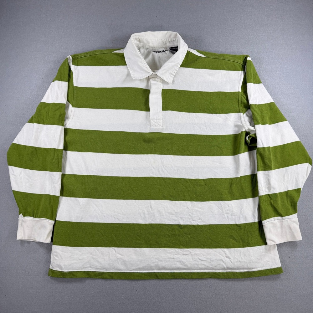 St Johns Bay Rugby Shirt Mens XL Green Polo Striped Long Sleeve Cotton Preppy